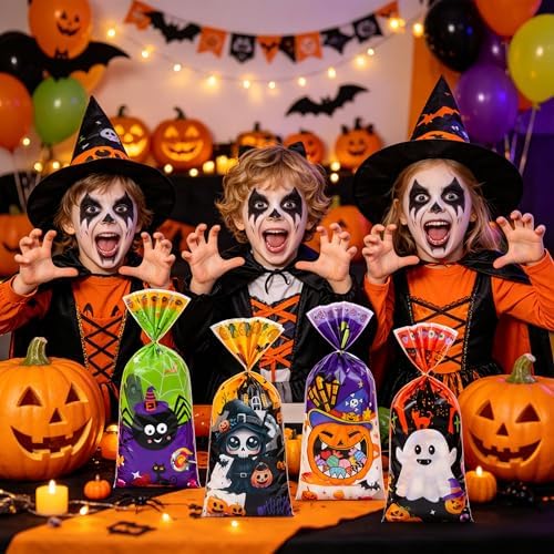 100 Pcs Halloween Cellophane Treat Bags - 5 x 11 Inch Halloween Goodie Bags with Gold Ties for Cookies, Snacks, Party Favors & Gift Packaging, 2.8 Mil Thick Plastic Spooky Season Candy Bag for Kids