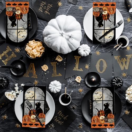 Horaldaily 50Pcs Halloween Paper Napkins, Buffalo Plaid and Dots Pumpkin Moon Cat Bats