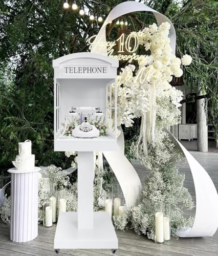 Audio Guest Book Phone Booth Stand with Wheels, Romantic Metal Audio Guestbook Telephone Booth for Wedding Birthdays Party Graduation Baby Shower Occasions Decoration