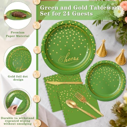 168Pcs Green and Gold Paper Plates and Napkins Party Supplies for 24 Guest
