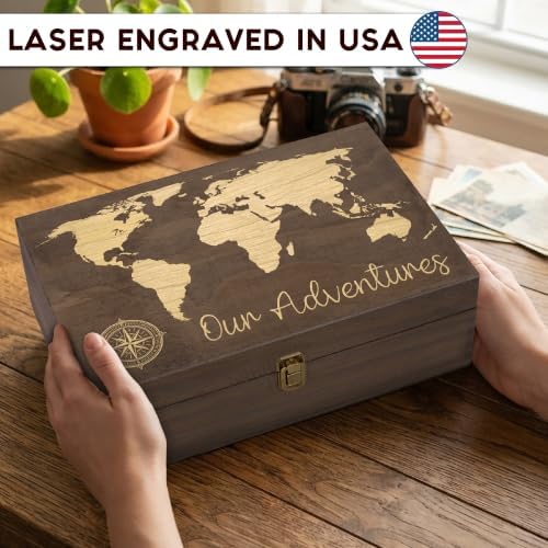 Our Adventure Engraved Wooden Keepsake Box, Memory Storage Box with Inside Engraving, Wooden Treasure Box for Travel Memories, Photos, Souvenirs, Couples & Special Moments, X-Large 14.15 x 9.5 x 4.5"