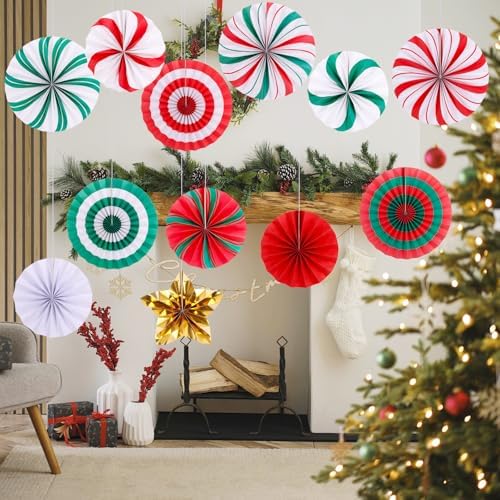 FOIMAS Christmas Hanging Paper Fan Decoration, 12pcs Peppermint Candy Hanging Fans for Ceiling Wall Classroom Mantle Xmas Candyland Holiday Party Supplies, Red and Green