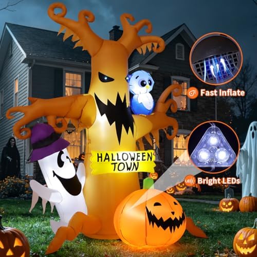 GOOSH 8 FT Halloween Inflatables Dead Tree Outdoor Decorations with Owl Ghosts and Pumpkins, Blow Up Yard Decorations with Built-in LED Lights for Outdoor Party Garden Lawn Decor (Movable)