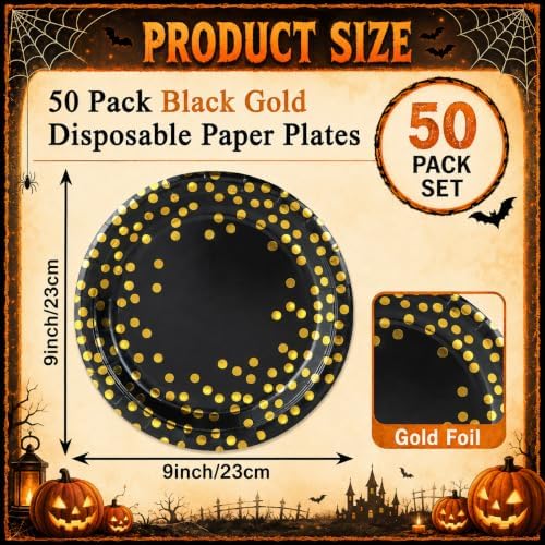 50 Pcs Black and Gold Dot Paper Plates Set Party Supplies Serve 50 （9 In）