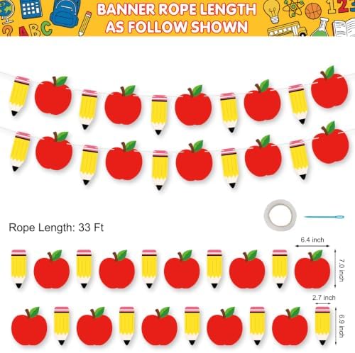 Back to School Decorations Banner - DIY Paper Pencil and Apples Banners, Red Yellow Welcome to School Sign Garland for First Day of Schools Classroom Themed Party Decor Supplies Favors Props