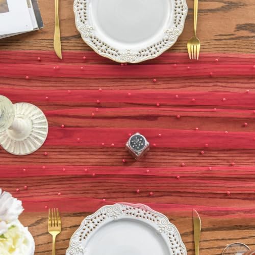 Artoid Mode 3-Pack Pearl Red Gauze Table Runner 10FT Home Decor