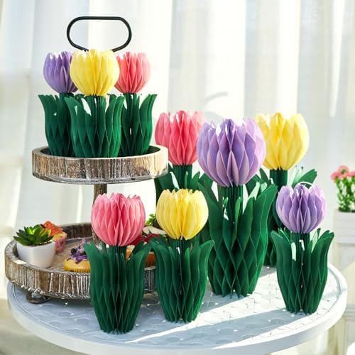 SUNBEAUTY Flower Honeycomb Decor Tulips Table Centerpieces Spring Decoration for Home Office Paper Flower Tulip Honeycomb Decor for Garden Party Mothers Day Decoration Easter Party Birthday Tea Party