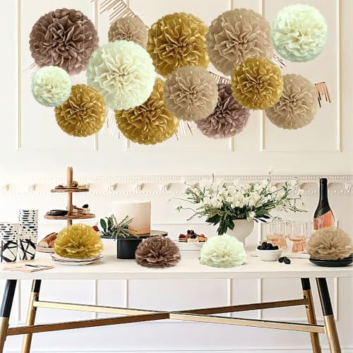 Recosis Tan Khaki Party Decorations, 18 Pcs Paper Pom Poms Decorations