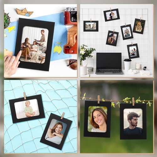 100 Pcs Paper Photo Frames 4x6 Black Picture Frame with 100 Clip 10 String Kit DIY Hanging Cardboard Photo Holder Graduation Back to School Wall Decor Wedding Home