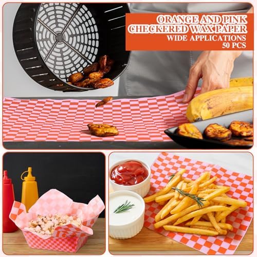 Geosar 100 Pcs Gingham Paper Food Tray with Wax Paper,Orange Pink
