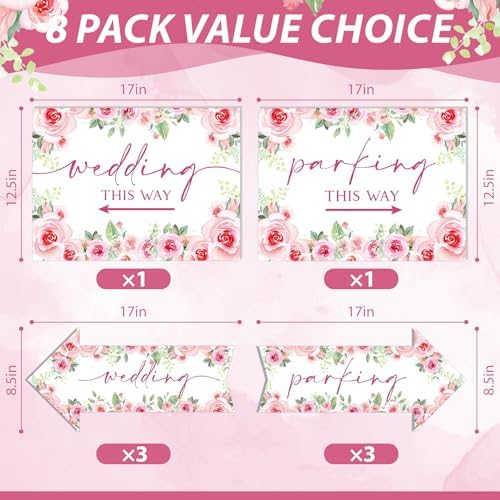 8 Pcs 17 × 8.5" Wedding This Way Directional Parking Signs Road with Stakes Large Double Sided Direction Printed Ceremony Reception Lawn Yard Arrow Sign Exquisite Plastic Rainproof (Pink Rose)
