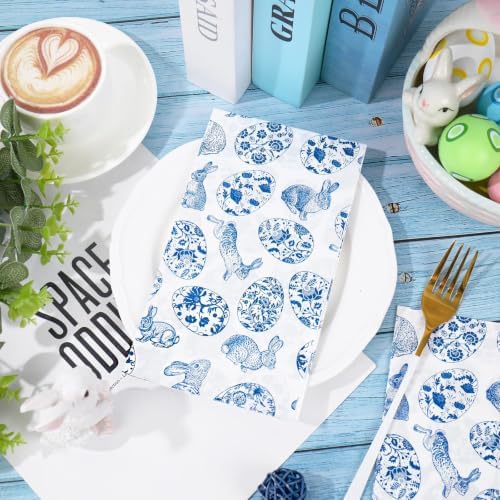 Whaline 40 Pcs Easter Guest Napkins Paper Napkins Blue White Chinoiserie Bunny Rabbit Egg Floral Disposable Bathroom Hand Towels for Spring Bridal Baby Shower Party Dinner Table Supplies