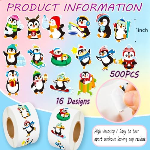 500PCS Penguin Stickers 16 Styles Little Penguin Sticker Rolls 1in Adorable Stickers Party Favors Waterproof Vinyl Sticker for Birthday Party Favors Envelopes Scrapbook Decorations