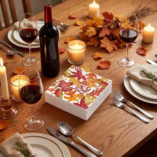 100 Pack Fall Napkins Disposable Folded 10 x 10 Inches Autumn Party Decorations, Maple Leaves Cocktail Napkins for Families Fall Thanksgiving Party Supplies Paper Towel Disposable Towel