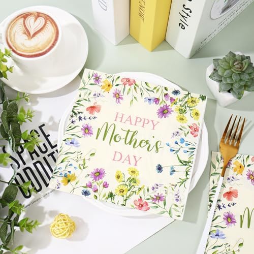 JarThenaAMCS 50Pcs Happy Mother's Day Napkins Paper Disposable Napkins Watercolor Wildflower Luncheon Dinner Napkin for Spring Birthday Mother's Day Supplies