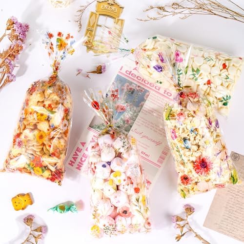 50 Pcs Wildflower Cellophane Treat Bags - 5 x 11 Inch Clear Floral Goodie Bags with Ties for Cookies, Snacks & Gift Packaging, Wildflower Candy Bag for Baby Bridal Shower, Bday, Wedding Party Favors