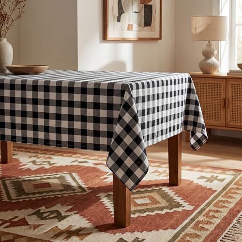 Waterproof Gingham Tablecloth, Checkered Fabric Table Cover for Kitchen Dining, Black & White Plaid Table Cloth, Rectangle Table Cloth for Indoor Outdoor Use, W60 x L102 in