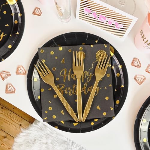 96PCS Happy Birthday Plates and Napkins Party Supplies, Black and Gold Disposable Paper Plates and Napkins with Forks Tableware Set for Birthday Party Decorations 24 Guests (Birthday Black)