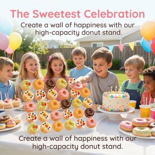 Horizontal Acrylic Donut Wall Display Stand, Clear Donut wall ,Large Donut Stand, Up to 60 Pieces, Freestanding Dessert Table Pastry Holder for Weddings and Parties