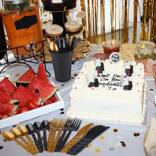 Kochorie 360 Pieces Black and Gold Plastic Cutlery Set