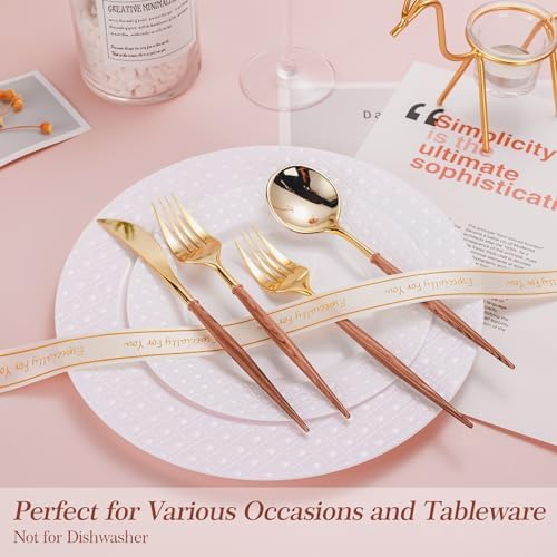 Lullaby 240PCS High End Gold Plastic Silverware with Wood Grain Handle