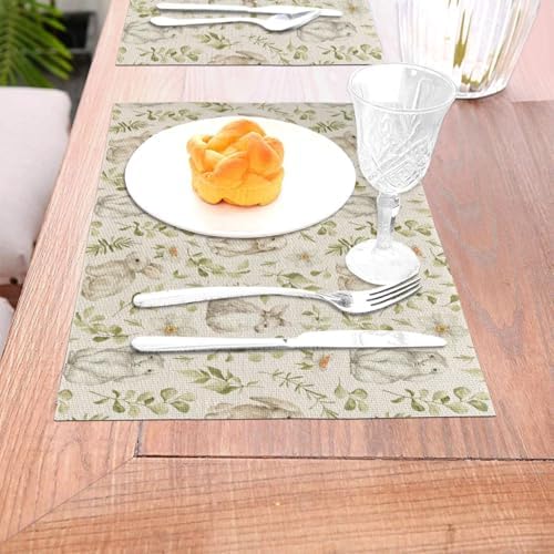 Spring Place mats Set of 4,12x18 Inches Green Rabbit Floral Leaves Placemats Rectangle Easter Decor Bunny Flower Table Mats for Party Home Kitchen Dining Table Decoration