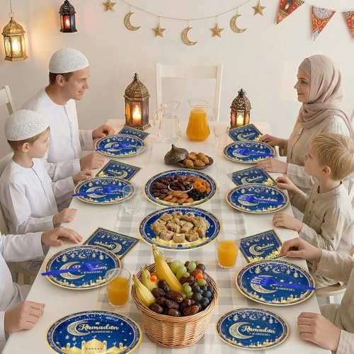 96 Pcs Ramadan Plates and Napkins Forks Sets - Blue Gold Eid Mubarak Themed Round Tableware, Disposable KAREEM Paper Plates Napkins Kit for Ramadan Party Supplies Favors Table Decorations, Serves 24