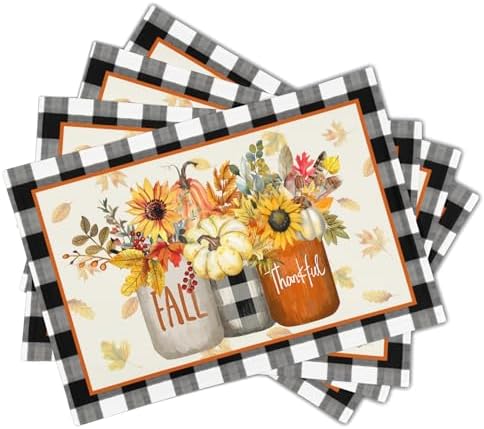 Fall Placemats Set of 4 18x12 Inch Autumn Flower Leaf Linen Place Mats Heat-Resistant Washable Wipeable Buffalo Check Plaid Table Mat for Party Kitchen Dining Room Dinner Decor