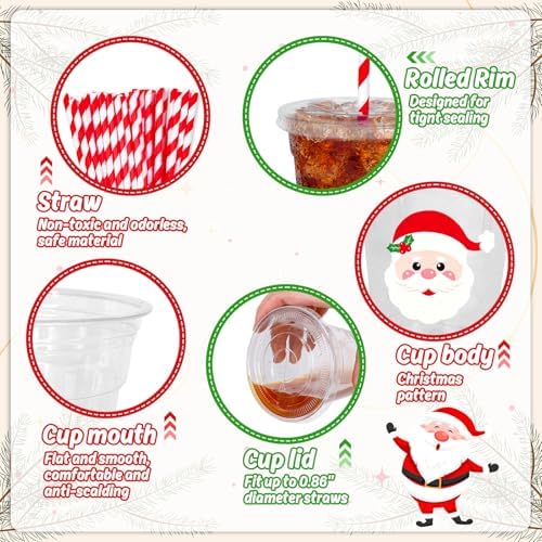 Whaline 50 Pcs 12 Oz Christmas Disposable Plastic Cups with Lids and Straws Santa Claus Face Cold Beverage Drinking Cups for Winter Xmas Birthday Party Supplies