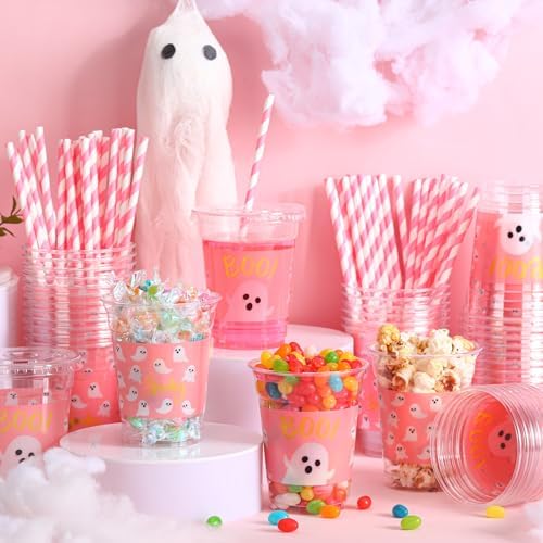 Jingmore 50 Pcs Pink Halloween Ghost Plastic Clear Cups with Lids Straws