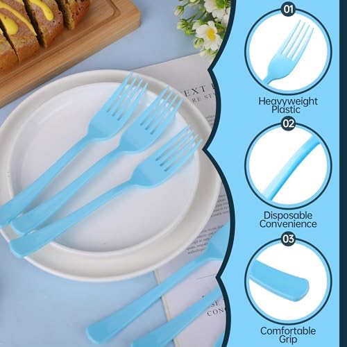 Kochorie 180 Pcs Light Blue Plastic Forks Disposable Silverware Heavy Duty Plastic Cutlery Set Heat Resistant Durable Utensils Flatware for Party Wedding Birthday Supplies and Daily Use