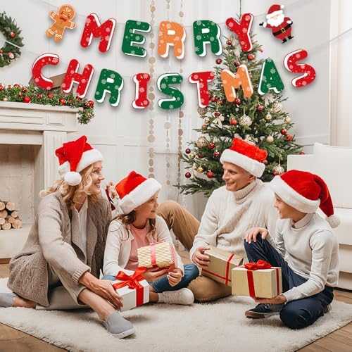 Merry Christmas Decorations Banners - Paper Christmas Banner, Santa Claus Reindeer Sign Garland Backdrop for Winter Xmas Indoor Outdoor Home Office Fireplace Wall Party Decor Supplies Favors Props