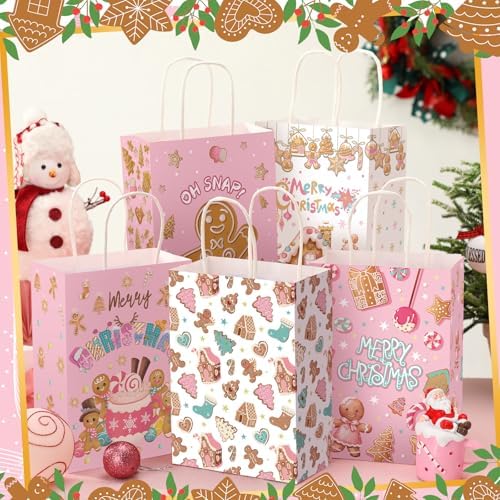 Kolldenn 48 Pcs Pink Christmas Gingerbread Party Favors Bags with Handles