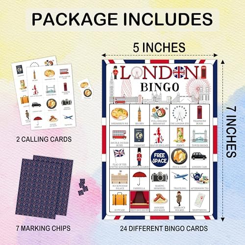 London Bingo Games, Travel Trip Bingo Cards, England Theme Party Game for Adults Family, Christmas Party Activities, 24 Bingo Sets, A003