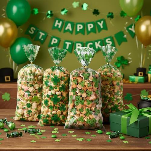 eowqeiur 100 PCS St Patricks Day Treat Bags(5x11 Inch) Green Shanrock Cellophane Bags for Cookie Candy Goodie Goody Snack Gifts Wrap Clover Spring Baggies Pouch St Patricks Party Favors Supplies