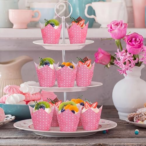 Maxdot 200 Pcs Pink and White Polka Dot Tulip Cupcake Liners for Baking Paper Muffin Baking Cups Tulip Muffin liners Wrappers for Bridal Baby Shower Wedding Birthday Party Decor