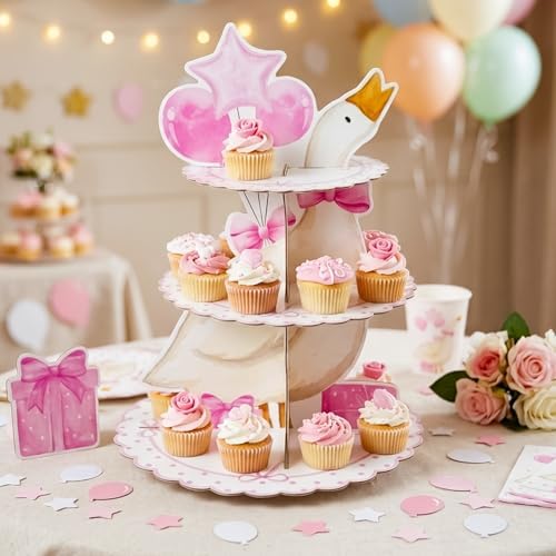 ANGOLIO 3 Tiers Pink Silly Goose Cupcake Stand Birthday Party Decorations