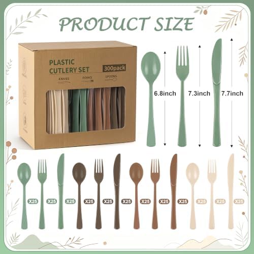 300Pcs Woodland Plastic Silverware Set, Disposable Full Size for Dinner