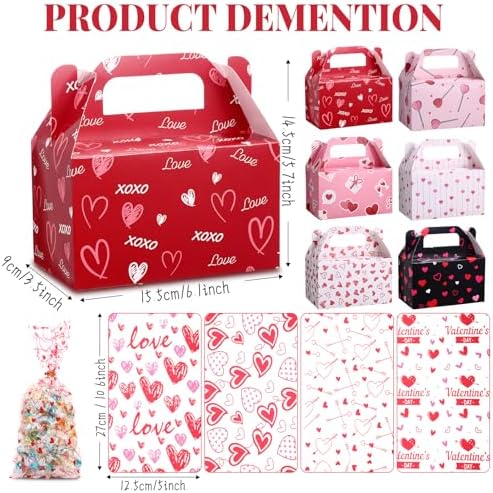 ReliThick 80 Pack Valentine‘s Day Treat Box with Cellophane Bags Heart Goodie Cookie Candy Boxes for Treats Valentine Gift Bag for Party(Stylish)