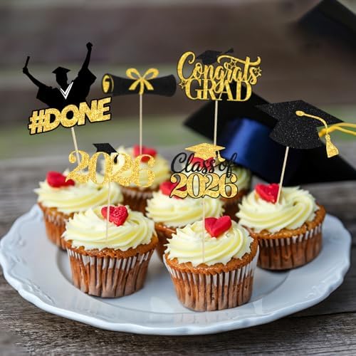 24 Pieces 2026 Graduation Cupcake Toppers and Wrappers, Adjustable Grad Cap Diploma Cake Decorations for Class of 2025 Graduation Party Supplies (Black Gold)