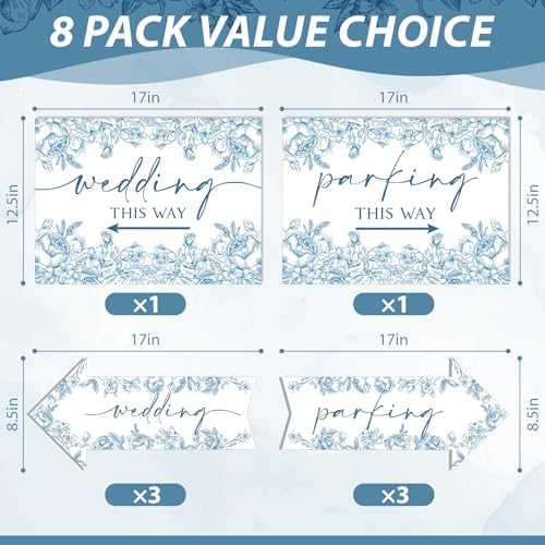 8 Pcs 17 × 8.5" Wedding This Way Directional Parking Signs Road with Stakes Large Double Sided Direction Printed Ceremony Reception Lawn Yard Arrow Sign Exquisite Plastic Rainproof (Blue Flower)