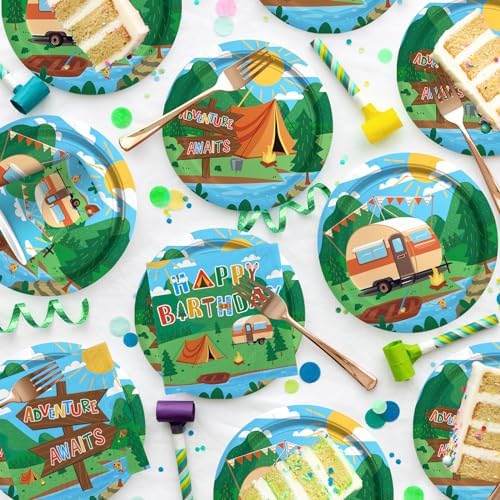 Happy Camper Birthday & Camping Party Decorations Set - Serves 25 with Disposable Plates, Cups, Napkins, Tablecloth & Banner, 1st Birthday, Camping Themed Events & Wedding Parties