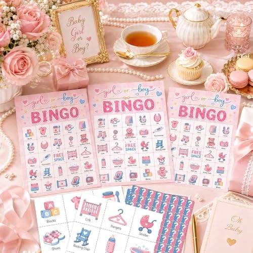 Baby Shower Bingo Game Cards, 24 Player Gender Reveal Party Game