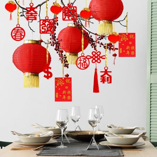 Winlyn 106 Pcs Chinese New Year Decorations Chinese Hanging Good Luck Ornaments Red Lanterns Festive Tree Ornaments Paper Fans for Asian Chinese Lunar New Year 2026 Year of The Horse Party Decor