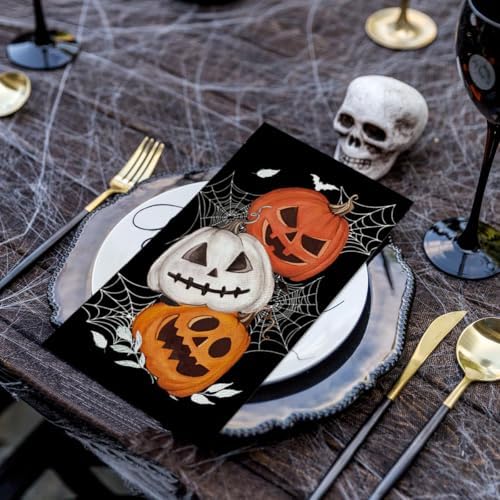 Horaldaily 100Pcs Halloween Paper Napkins, Orange Jack-O-Lantern Pumpkin Cobweb