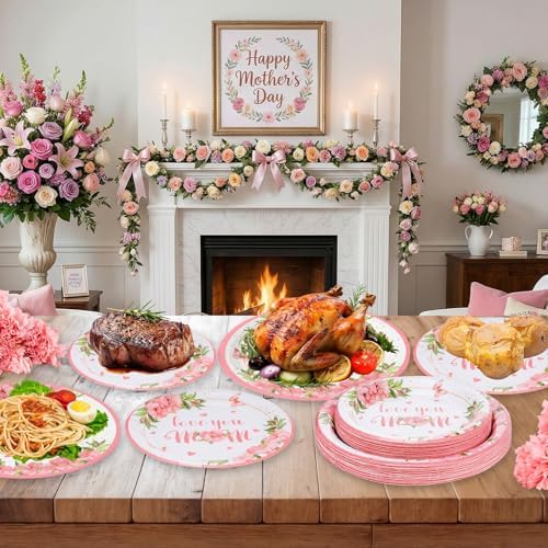 24 Pcs Happy Mother's Day Plates Set - Pink Love You Mom Paper Plate, Disposable Flowers Mothers Day Round Dinner Dessert Plates Tableware for Mother Days Party Supplies Favors Table Decorations