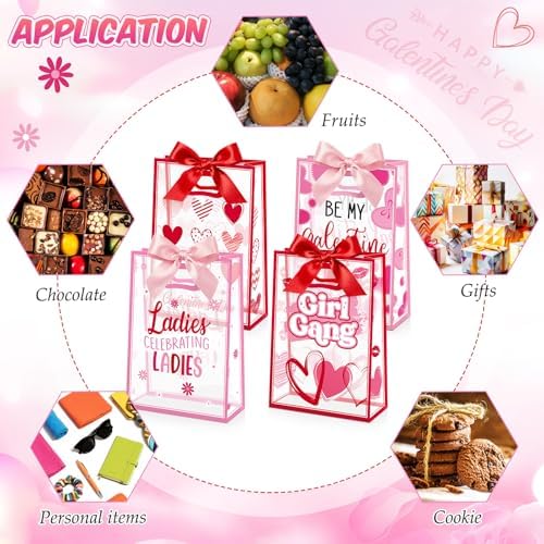 Capoda 24 Pack Galentine's Day Gift Bags with Handles - Large Pink and Red Valentine Party Favor Bags - Reusable Plastic Goody Bag for Girls Night & Ladies Celebration