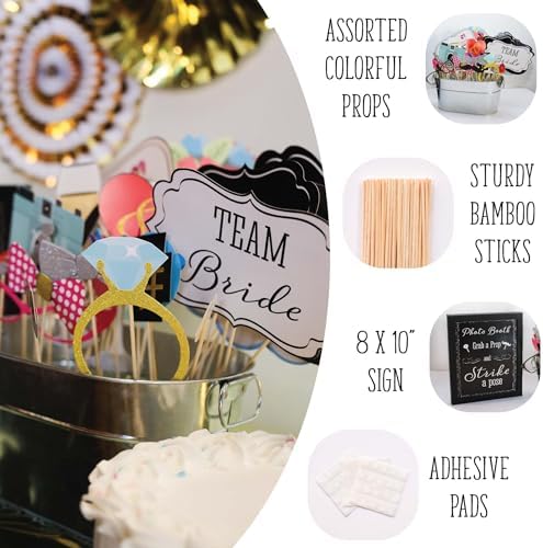 Wedding Photo Booth Props with 8 x 10-Inch Sign, 45 Adhesive Pads, 35 Wooden Sticks - Signs for Wedding Backdrop and Selfie Station