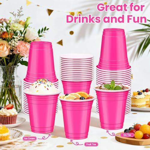 50 Pcs Hot Pink Plastic Cups, 12 oz Disposable Cups for Party