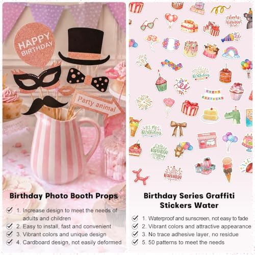 80Pcs Premium Birthday Photo Booth Props with 50Pcs Birthday Stickers
